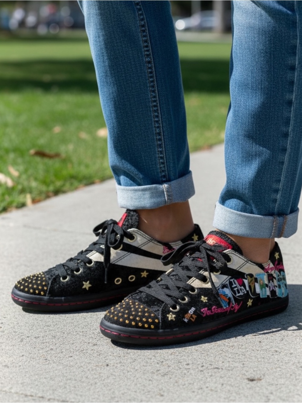 Kitson LA Black Leather Embellished Patchwork Sneakers